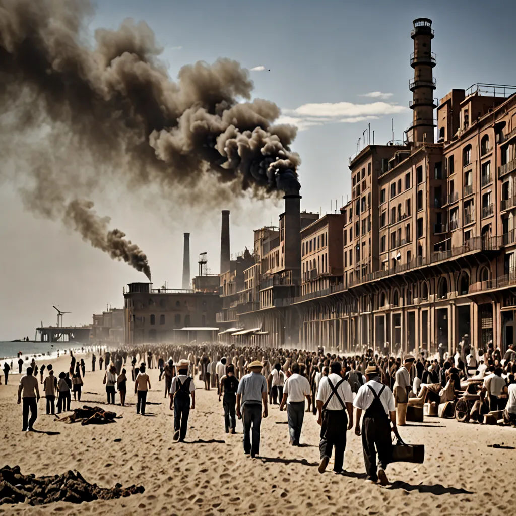 a group of people walking on a beach near a factory with smoke pouring out of it's stacks, Diego Gisbert Llorens, massurrealism, a detailed matte painting, promotional image