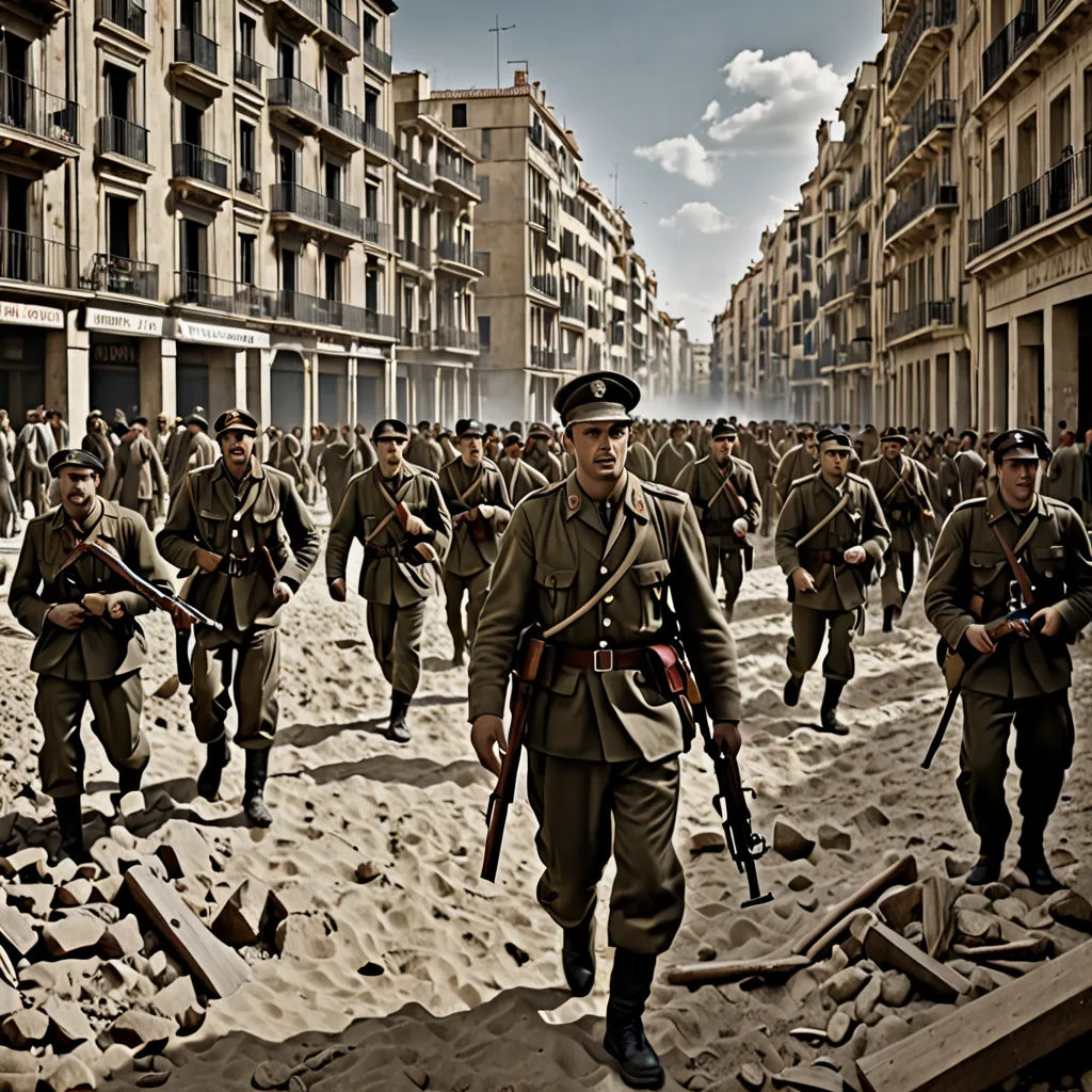 a group of soldiers walking down a street in a city with buildings in the background and a sky in the background, Diego Gisbert Llorens, fantastic realism, a detailed matte painting, matte painting