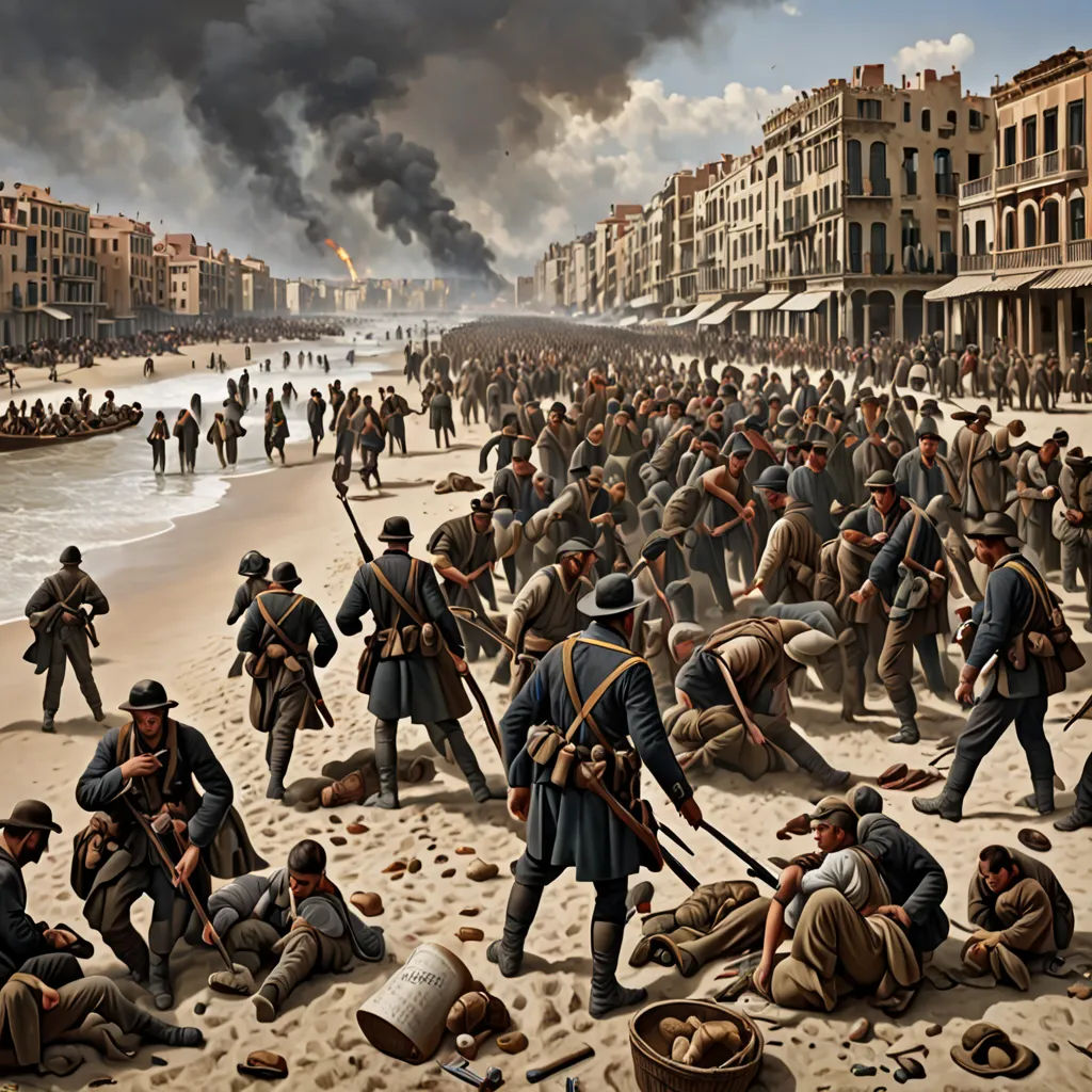 a painting of a beach scene with a large group of men in uniforms and weapons, and a city in the background, De Hirsh Margules, american scene painting, a detailed matte painting, matte painting