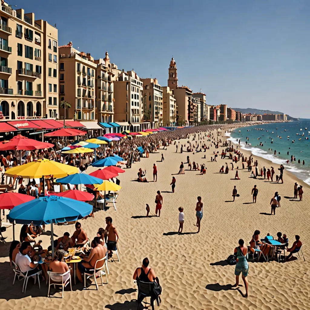 a crowded beach with many people and umbrellas on it's sides and a city in the background, Eric de Kolb, regionalism, a tilt shift photo, beach