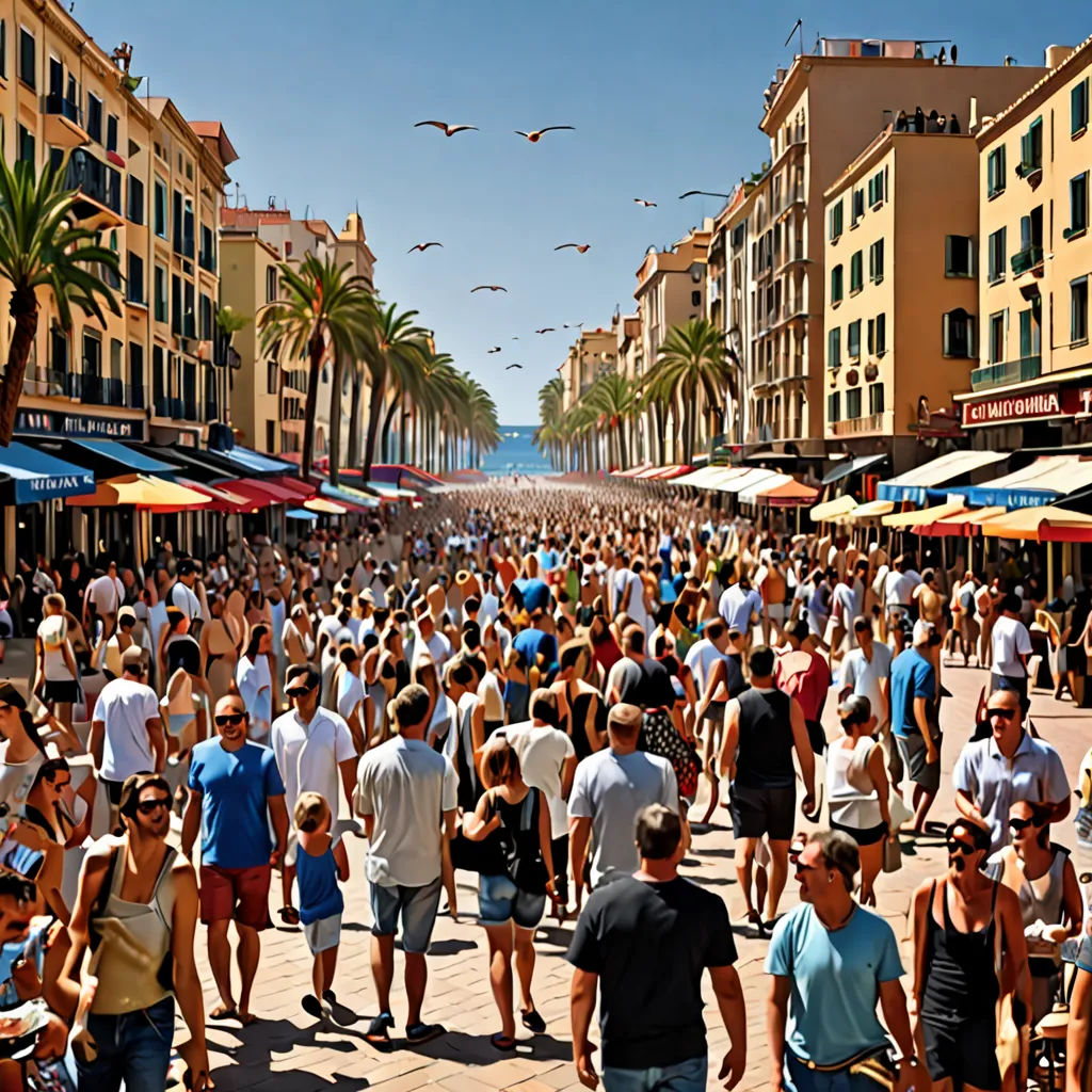 a crowd of people walking down a street next to tall buildings and palm trees in the background, with a bird flying overhead, Antoni Pitxot, excessivism, a detailed matte painting, award-winning photograph