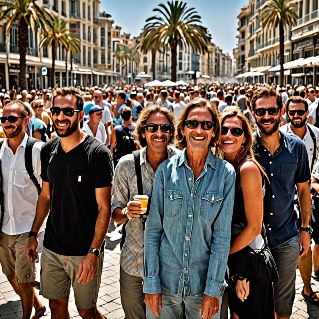 a group of people standing next to each other on a street with palm trees in the background and a crowd of people walking around, Eric de Kolb, les nabis, a stock photo, behance hd