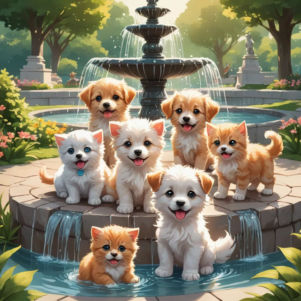 a group of puppies sitting in front of a fountain with a fountain in the background and flowers around, furry art, a detailed painting, Chris LaBrooy, kinkade