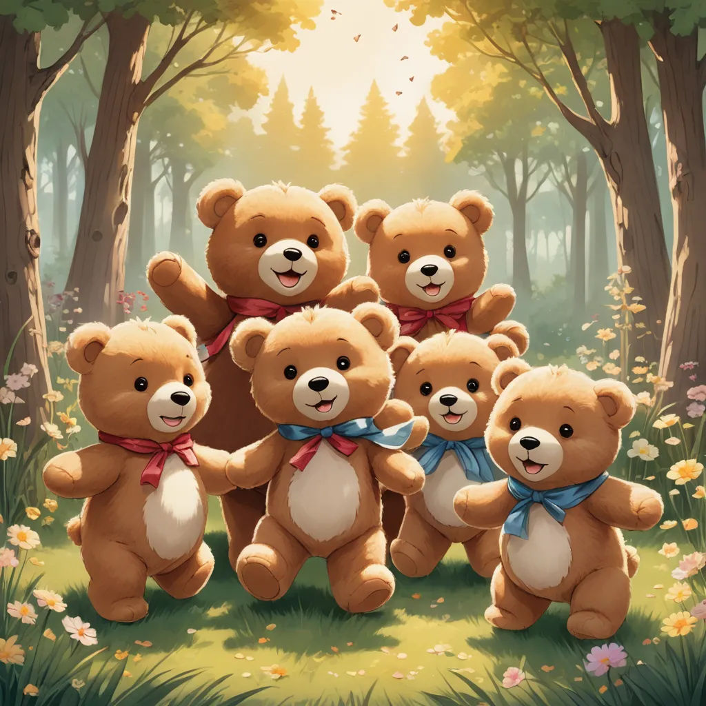 a group of teddy bears standing in a forest with trees and flowers in the background, with a sun shining through the trees, sots art, a storybook illustration, Chris LaBrooy, official art