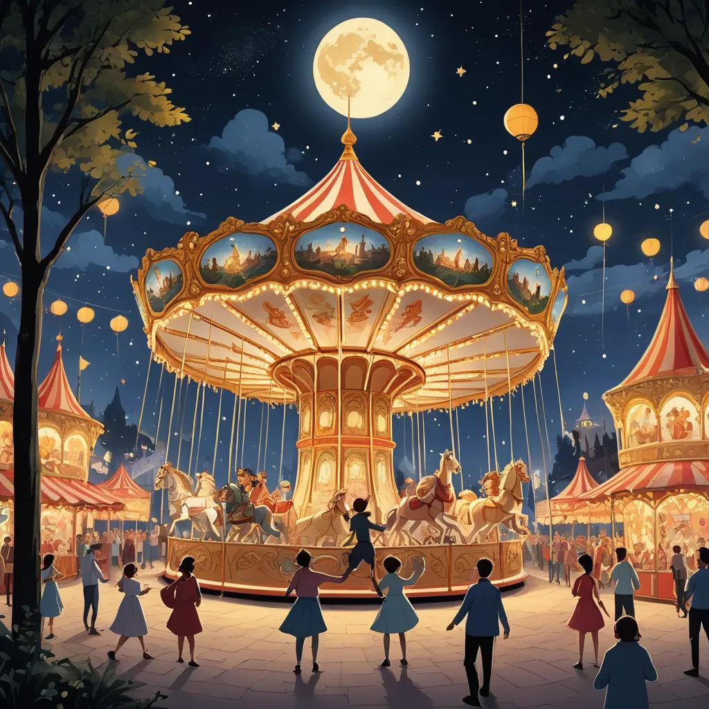 a painting of a carousel with people on it at night time with a full moon in the sky above, fantasy art, a storybook illustration, Chris LaBrooy, official art