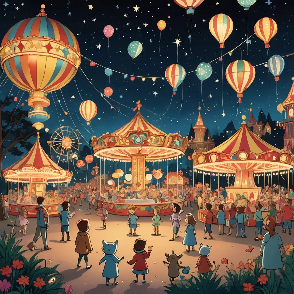 a painting of a carnival with people and carousels at night time with lights and balloons in the sky, magical realism, a storybook illustration, Chris LaBrooy, storybook illustration