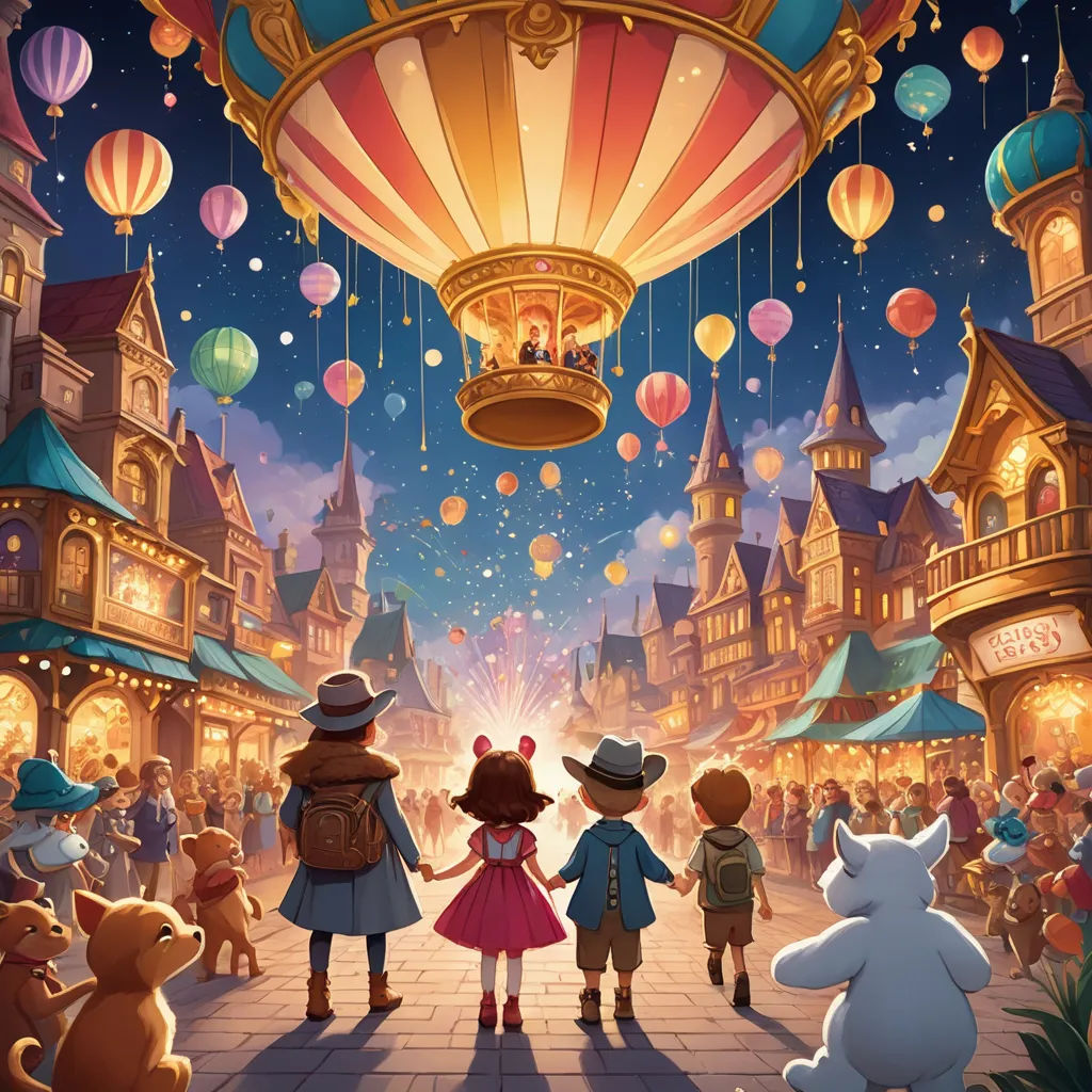 a cartoon scene of a group of children in a town with balloons and a carousel in the background, with a bear and a girl holding hands, fantasy art, a storybook illustration, Chris LaBrooy, official art