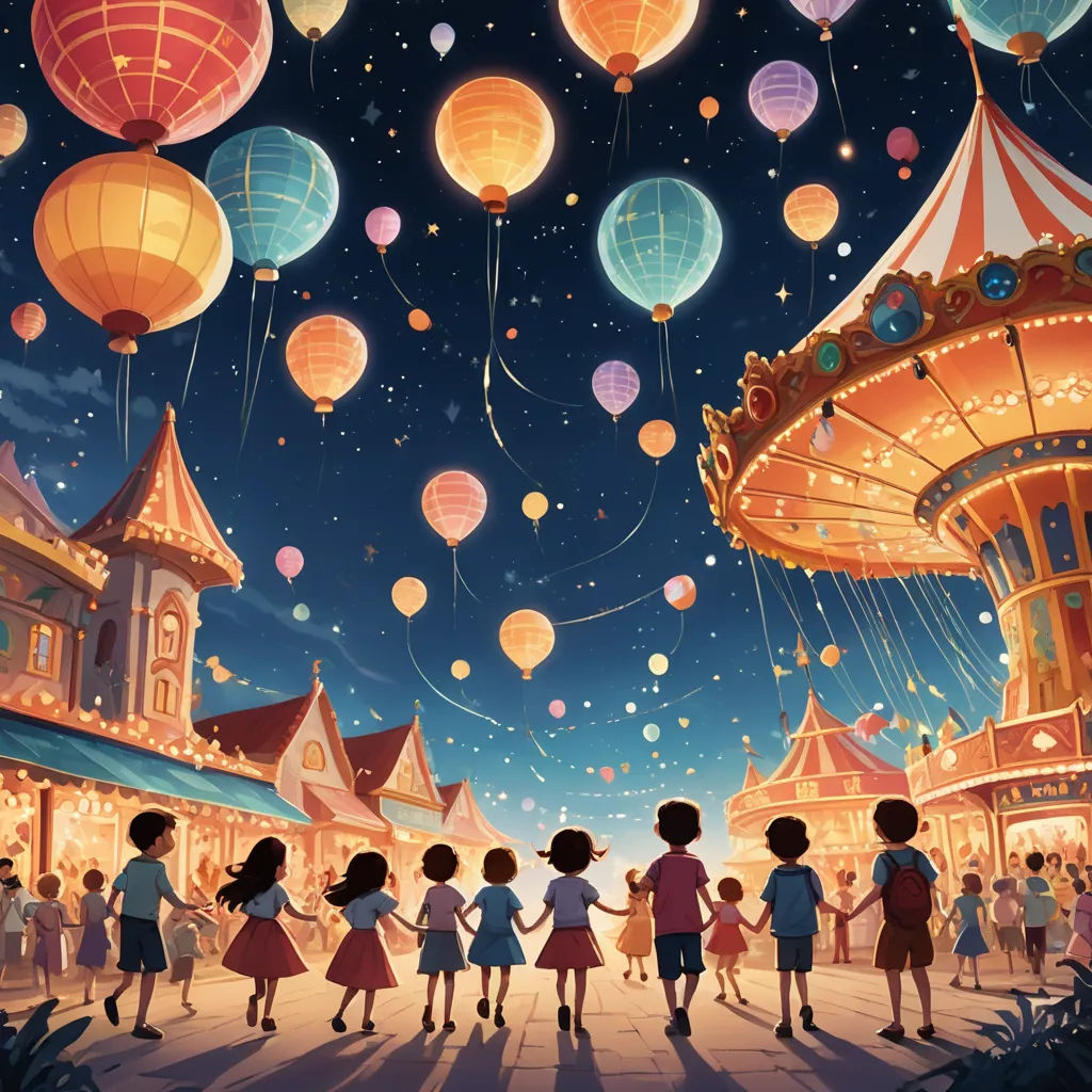 a group of children standing in front of a carnival ride at night with balloons flying above them and a carousel in the background, magical realism, a storybook illustration, Chris LaBrooy, rossdraws global illumination