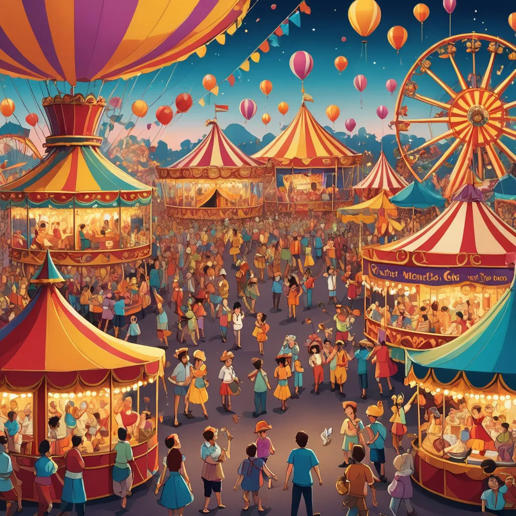 a painting of a carnival with people and carnival rides in the background at night time with balloons and lights, naive art, a storybook illustration, Chris LaBrooy, highly detailed digital painting