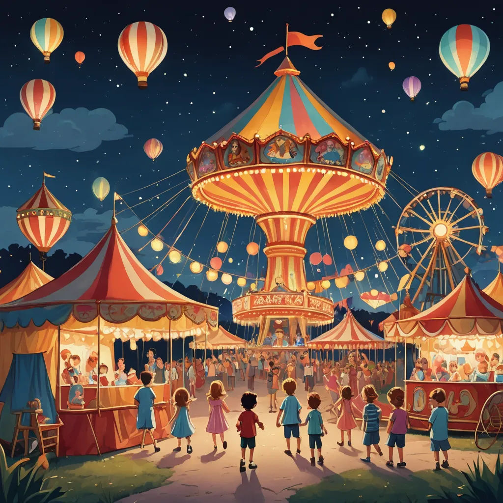a carnival with a carousel and children in it at night time with balloons and lights on the ceiling and a carousel in the background, naive art, a storybook illustration, Chris LaBrooy, storybook illustration