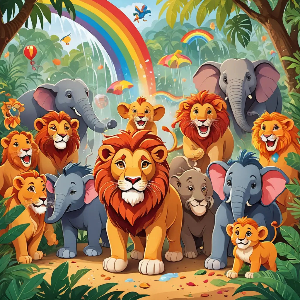 a group of lions and lions in the jungle with a rainbow in the background and a rainbow in the sky, naive art, a storybook illustration, Chris LaBrooy, furaffinity