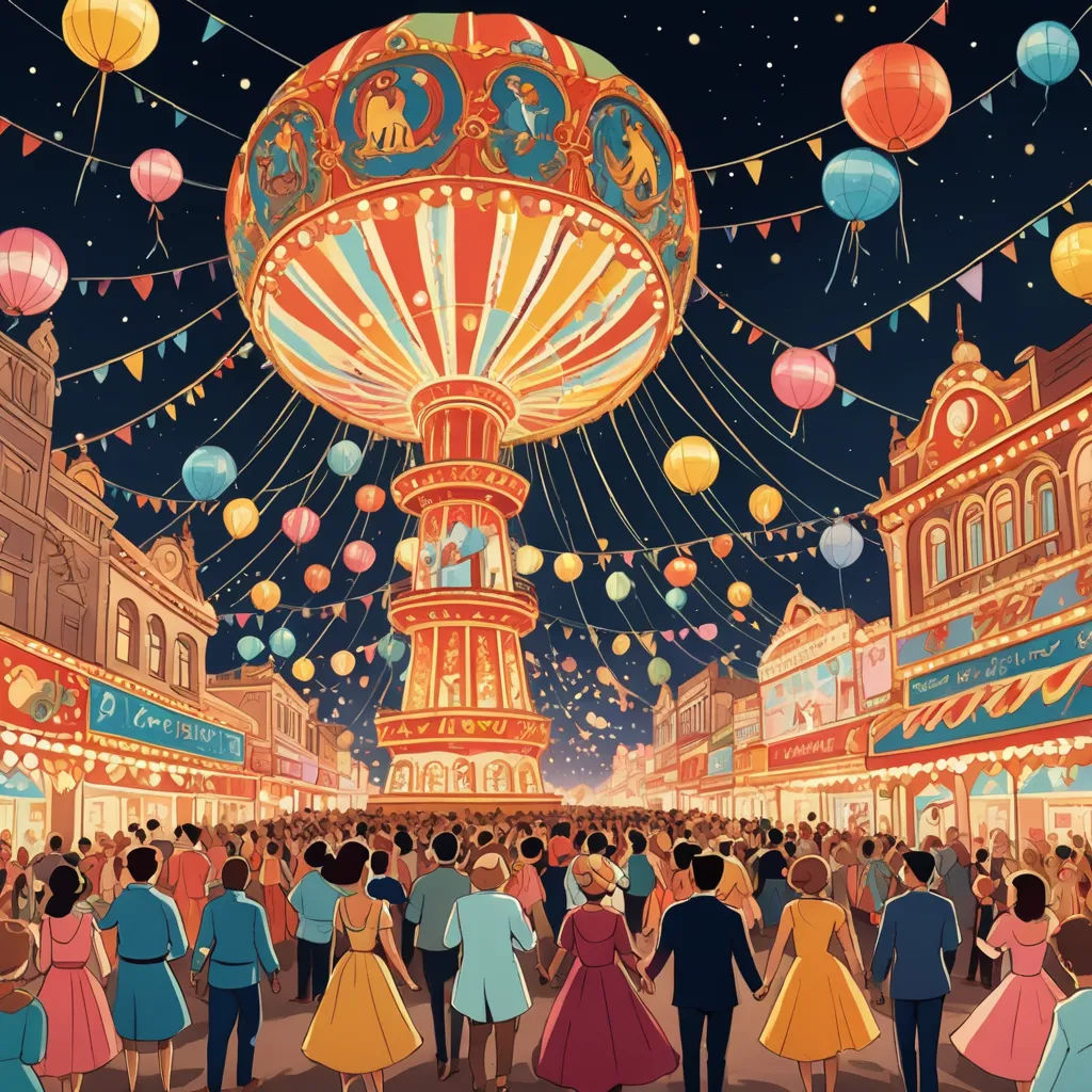 a crowd of people standing around a carnival ride at night time with lights and lanterns hanging from the ceiling, magical realism, a storybook illustration, Chris LaBrooy, detailed illustration