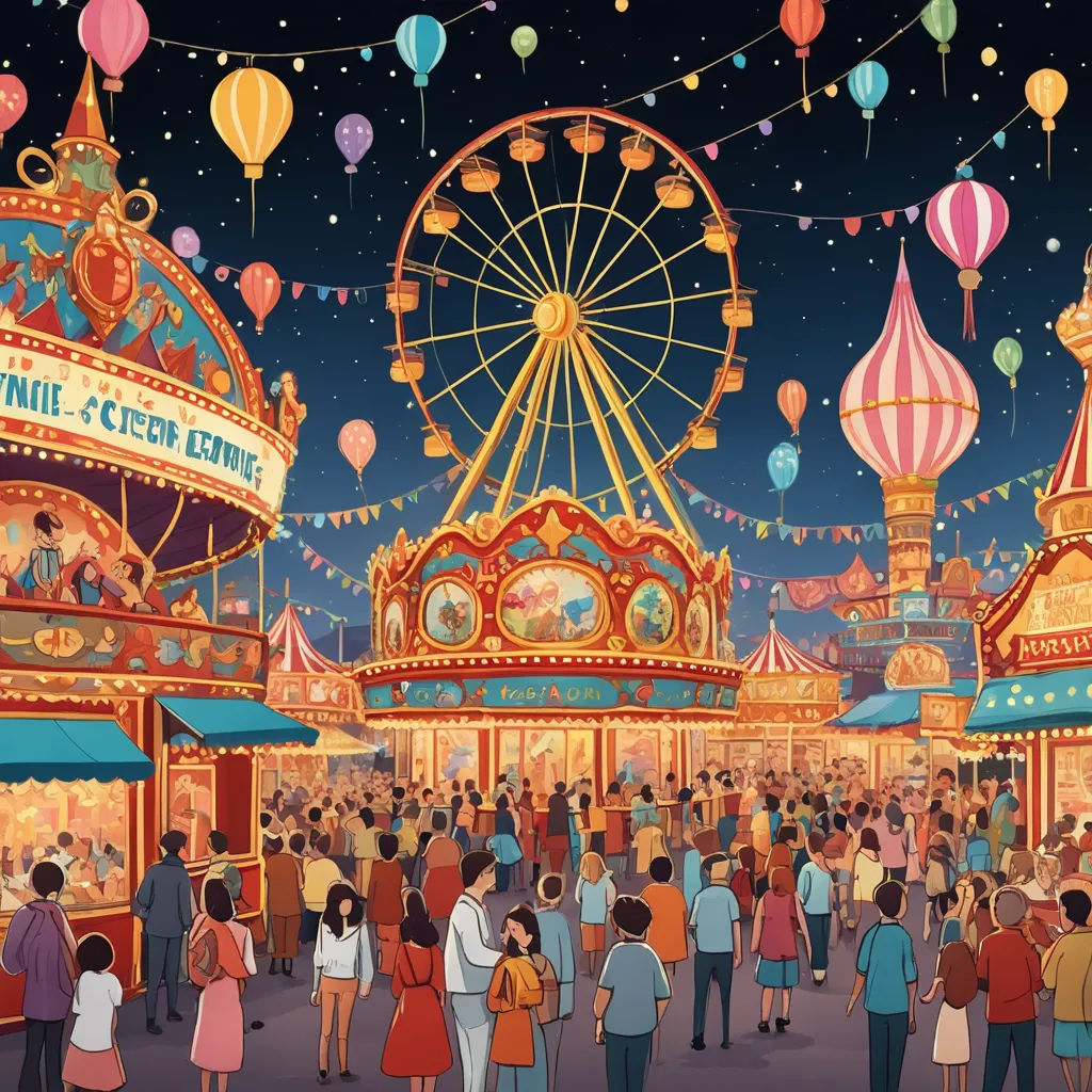a carnival with a ferris wheel and many people standing around it at night time with lights on the carnival rides, naive art, a storybook illustration, Chris Ware, detailed illustration