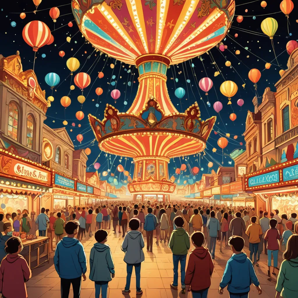 a painting of a carnival with people walking around it at night time with lights and lanterns overhead and a carousel in the background, magical realism, a storybook illustration, Dan Mumford, josan gonzales and dan mumford