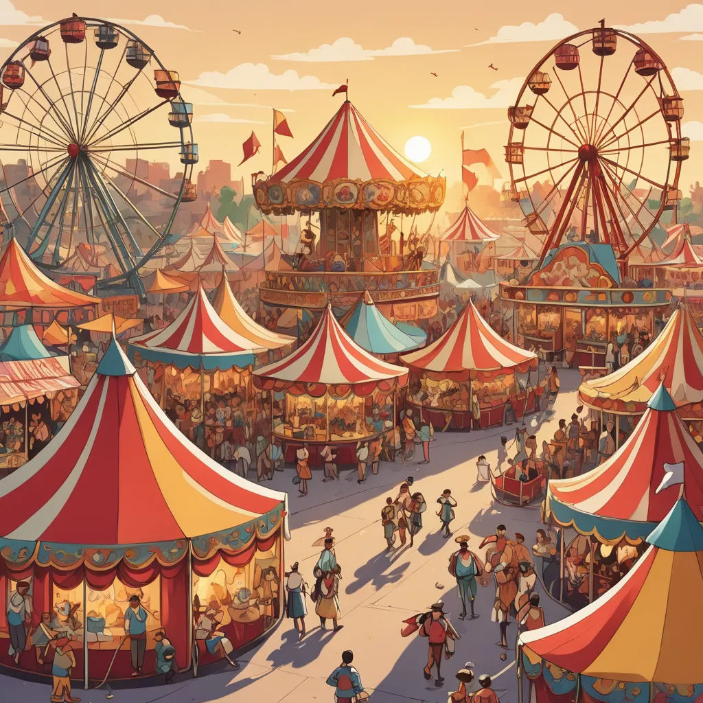 a painting of a carnival with a ferris wheel and a carnival tent in the background and people walking around, american scene painting, a detailed matte painting, Chris LaBrooy, rossdraws global illumination