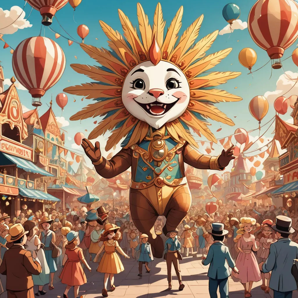 a cartoon character is standing in front of a crowd of people in a carnival setting with balloons flying above, magic realism, a storybook illustration, Chris LaBrooy, rossdraws global illumination