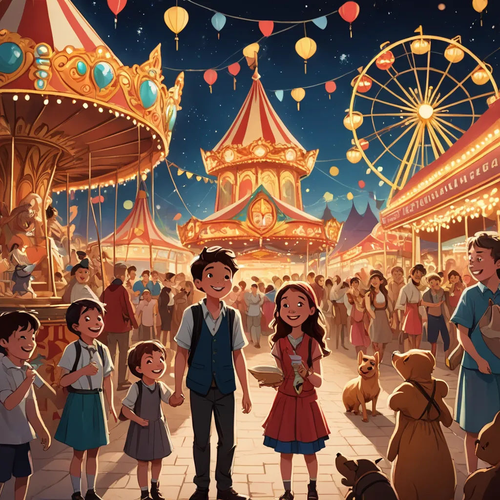 a man and woman standing in front of a carnival with children and a dog in front of them and a carousel, magic realism, a storybook illustration, disney, official art