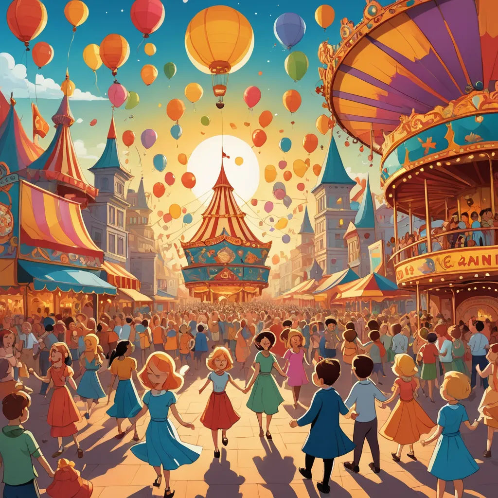 a painting of a carnival with many people in it and balloons flying above them and a carousel in the background, magic realism, a storybook illustration, Chris LaBrooy, rossdraws global illumination