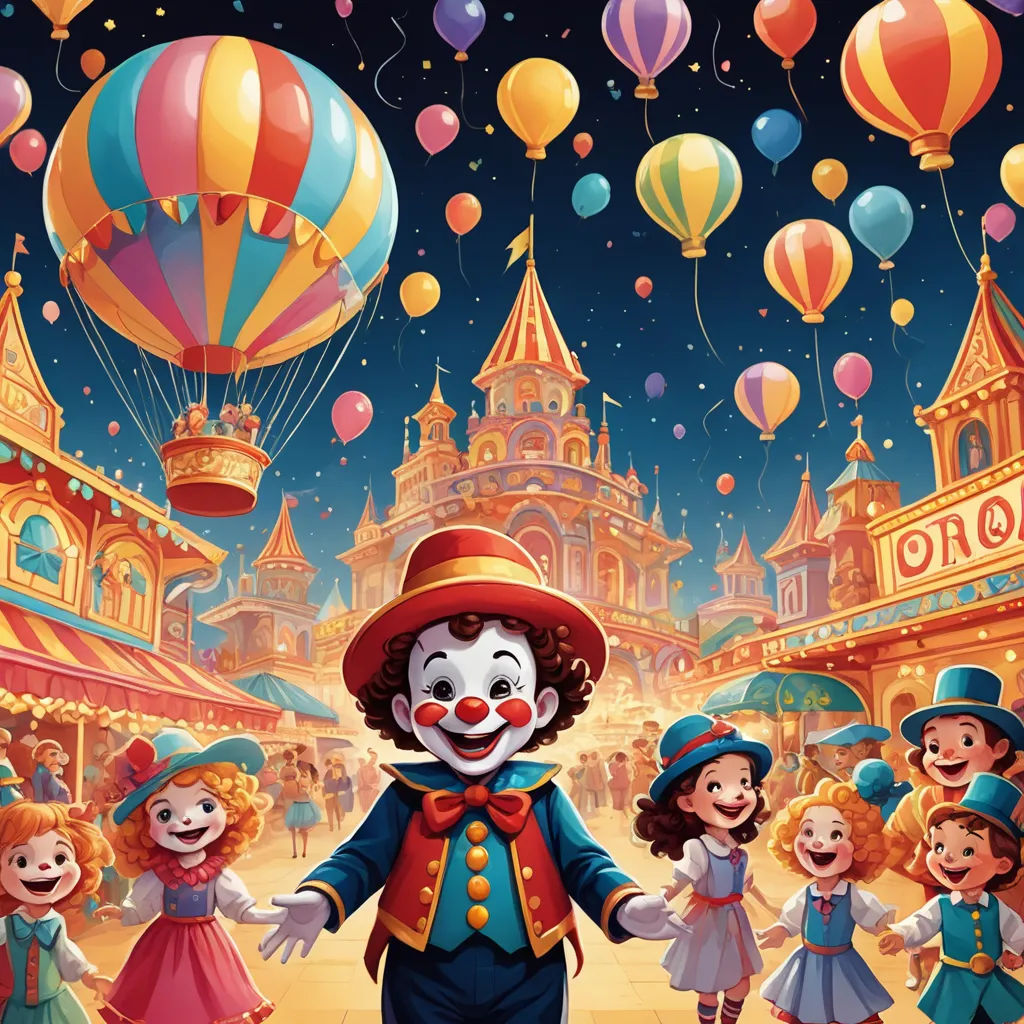 a clown is surrounded by children in a circus setting with balloons flying overhead and a circus scene in the background, naive art, a storybook illustration, Chris LaBrooy, highly detailed digital painting