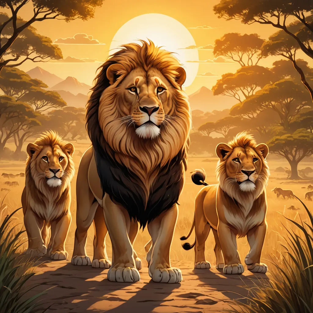 a group of lions standing on a dirt road in front of a sunset with trees and bushes in the background, sumatraism, a picture, Brothers Hildebrandt, wildlife photography