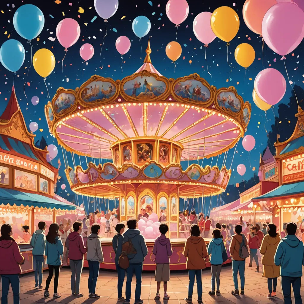 a painting of a carousel with people standing around it and balloons floating in the air above it and a carousel with people standing around it, kitsch movement, a storybook illustration, Evgeny Lushpin, official art