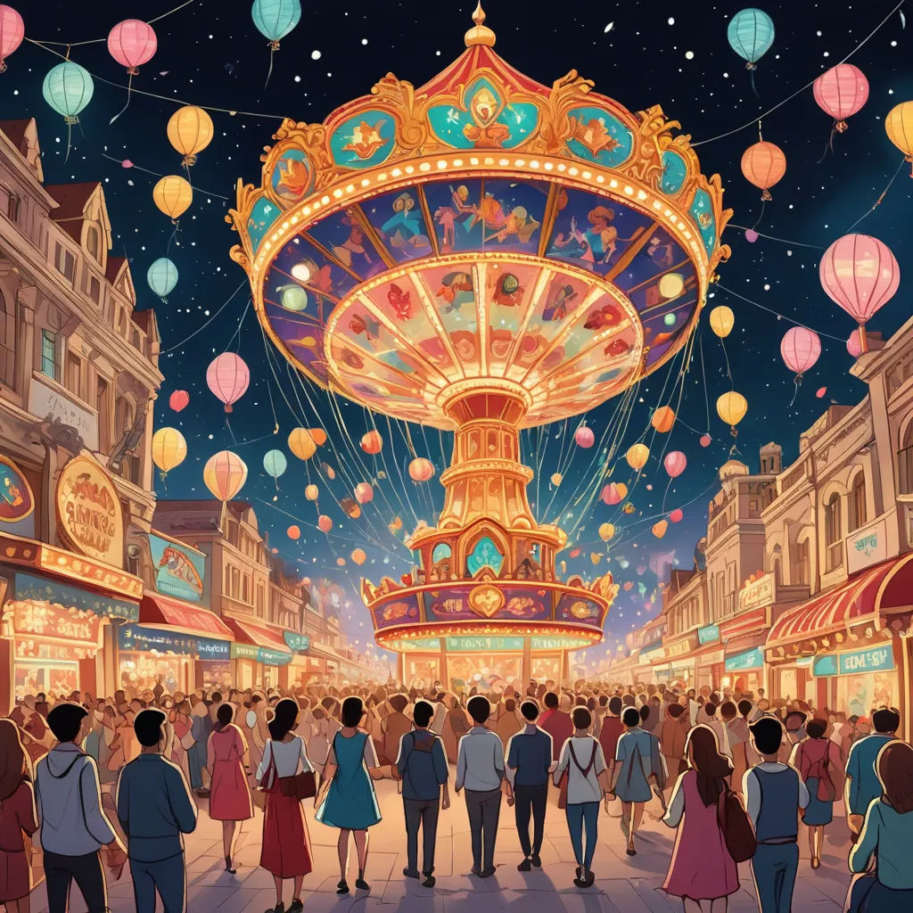 a crowd of people standing around a carnival ride at night time with lanterns hanging from the ceiling and a carousel in the background, magical realism, a storybook illustration, Chris LaBrooy, rossdraws global illumination