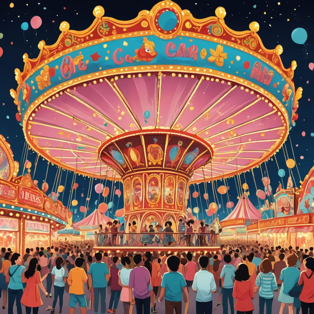 a painting of a carnival ride with people standing around it at night time with balloons floating in the air, naive art, a storybook illustration, Chris LaBrooy, josan gonzales and dan mumford
