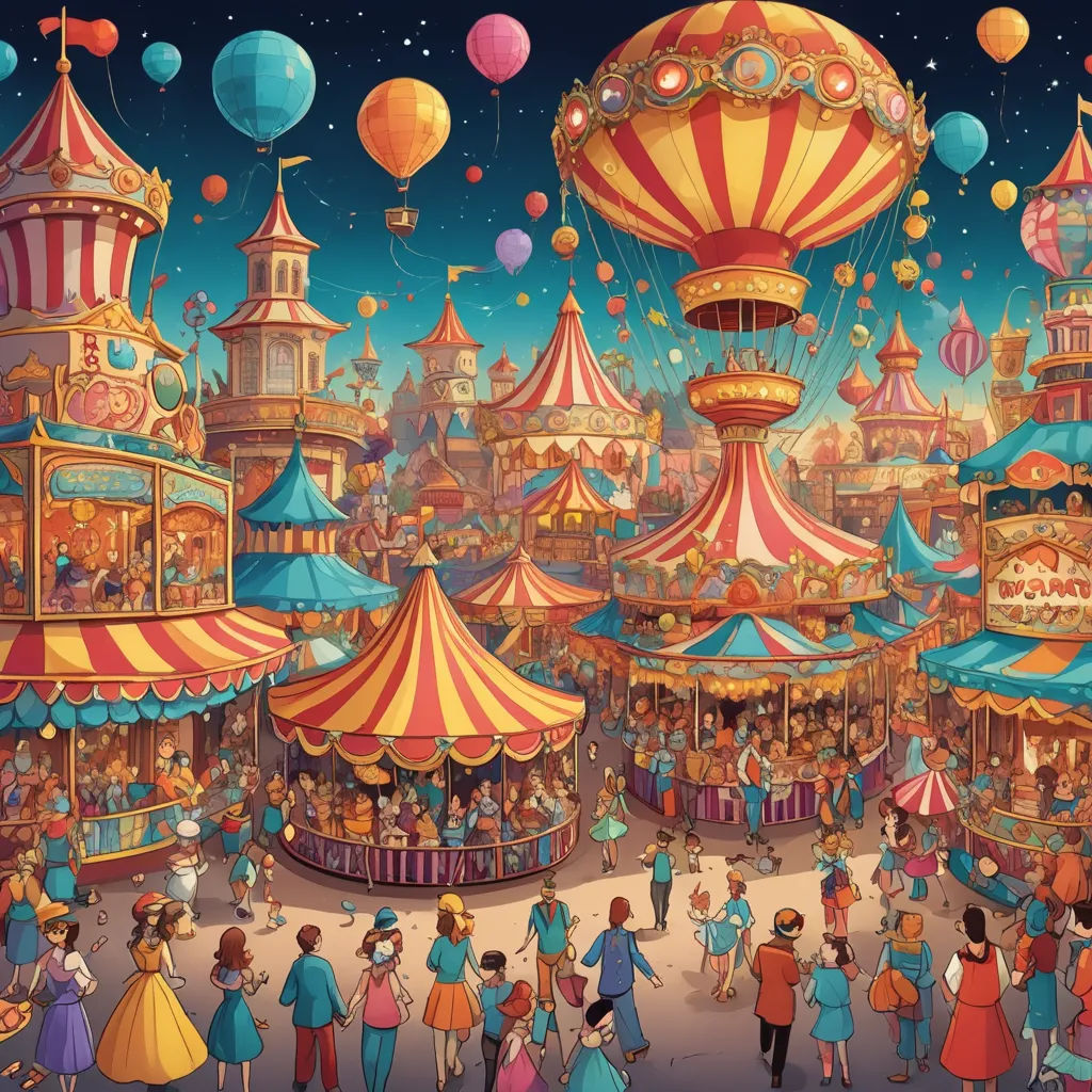 a painting of a carnival with people and carnival rides in the background and balloons flying overhead in the sky, magical realism, a detailed matte painting, Chris LaBrooy, detailed illustration