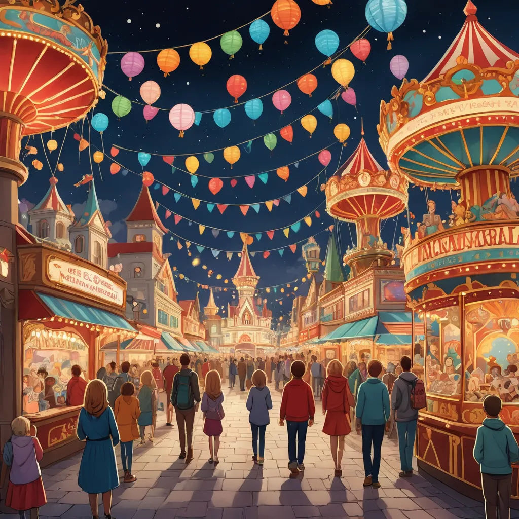 a painting of a carnival with people walking around it at night time with lights strung from the ceiling and a carousel in the background, magic realism, concept art, Evgeny Lushpin, official art