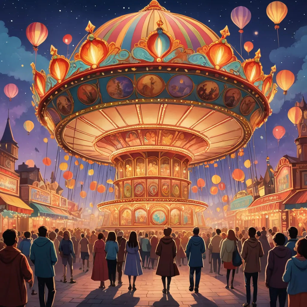 a painting of a carousel with people walking around it at night time with lanterns in the sky above it, fantasy art, concept art, Evgeny Lushpin, official art