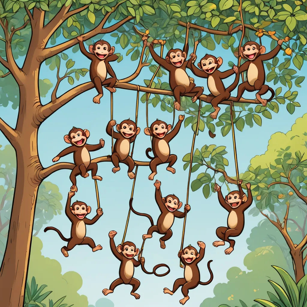 a group of monkeys hanging from a tree in a jungle with a blue sky background and a green tree, incoherents, a storybook illustration, Chris LaBrooy, furaffinity