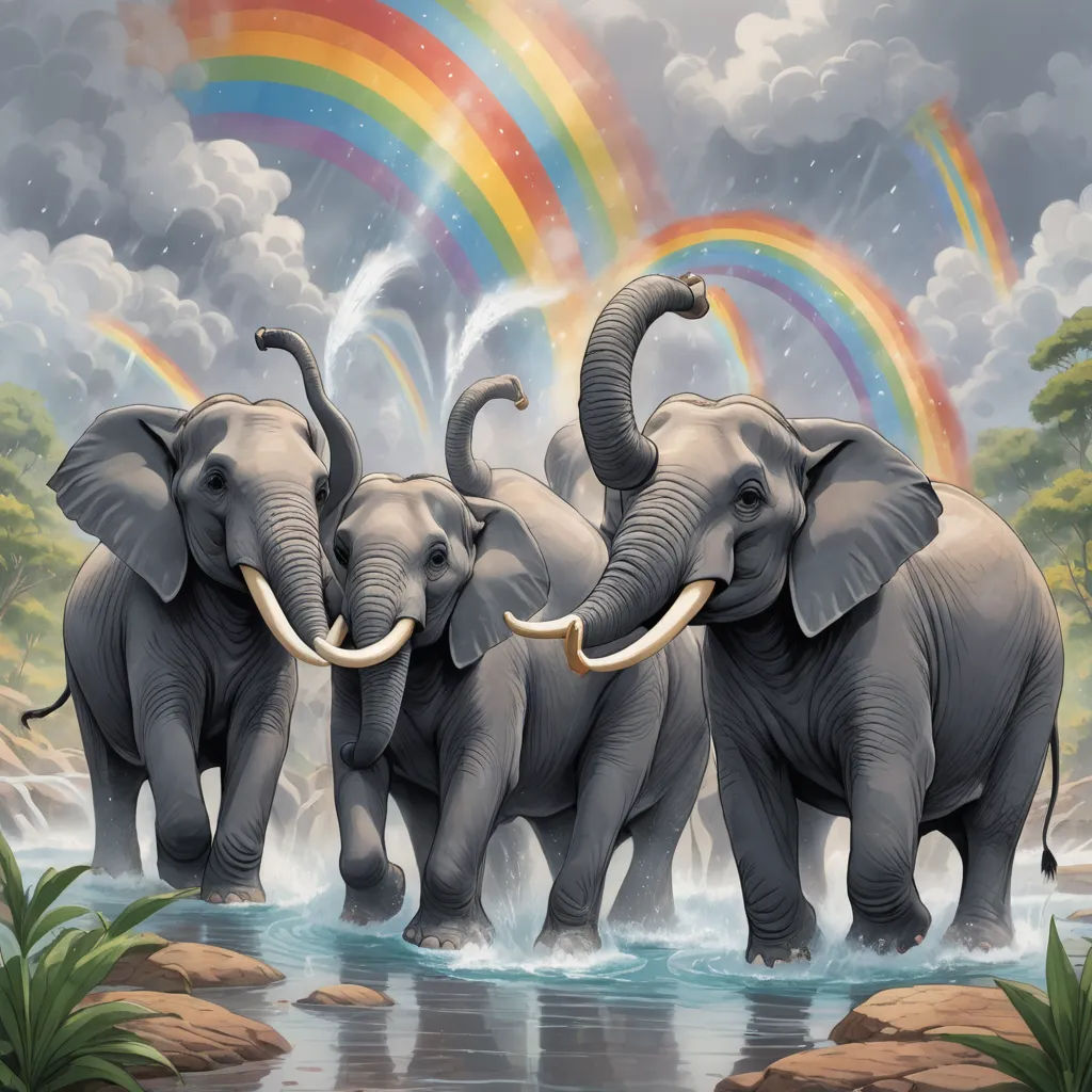 a group of elephants walking through a river with a rainbow in the background and a rainbow in the sky, magical realism, an airbrush painting, Chris LaBrooy, furaffinity