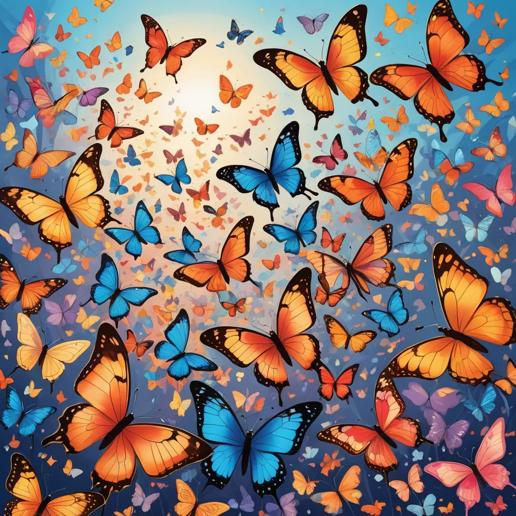 a painting of many butterflies flying in the sky with a sun in the background and a blue sky with a few clouds, magical realism, a storybook illustration, Dan Mumford, highly detailed digital painting