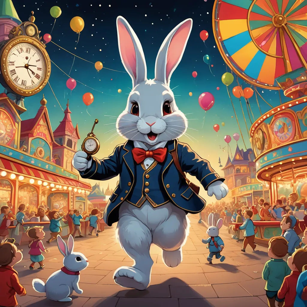 a rabbit dressed in a suit and bow tie running through a carnival with a clock in the background and a crowd of people, magical realism, a storybook illustration, Chris LaBrooy, rossdraws global illumination