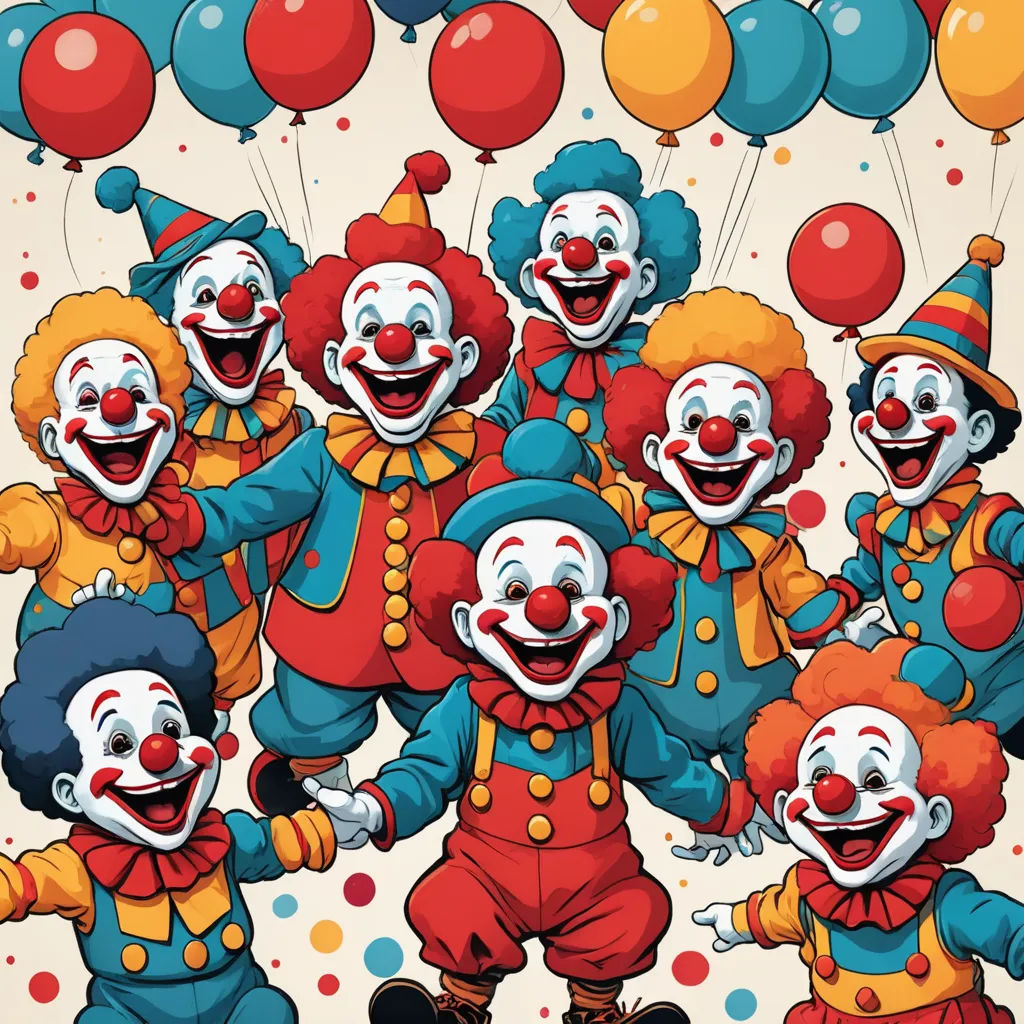 a group of clowns with balloons and a clown hat on a white background with a red and blue clown suit, incoherents, a detailed drawing, David Teniers III, furaffinity