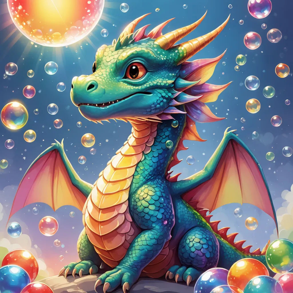 a dragon sitting on a rock with bubbles around it and a sun in the background with a bubble in the sky, fantasy art, a storybook illustration, Anne Stokes, dragon art