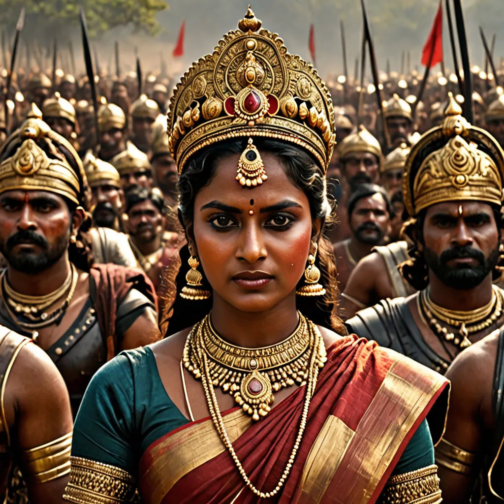 a woman in a costume standing in front of a group of men in costume and headdress,, samikshavad, a detailed matte painting, Ella Guru, promotional image