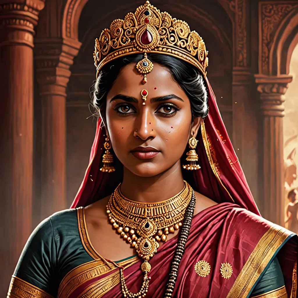 a woman in a red and gold outfit with a tiara on her head and a red and gold dress, samikshavad, a detailed painting, Ella Guru, highly detailed digital painting