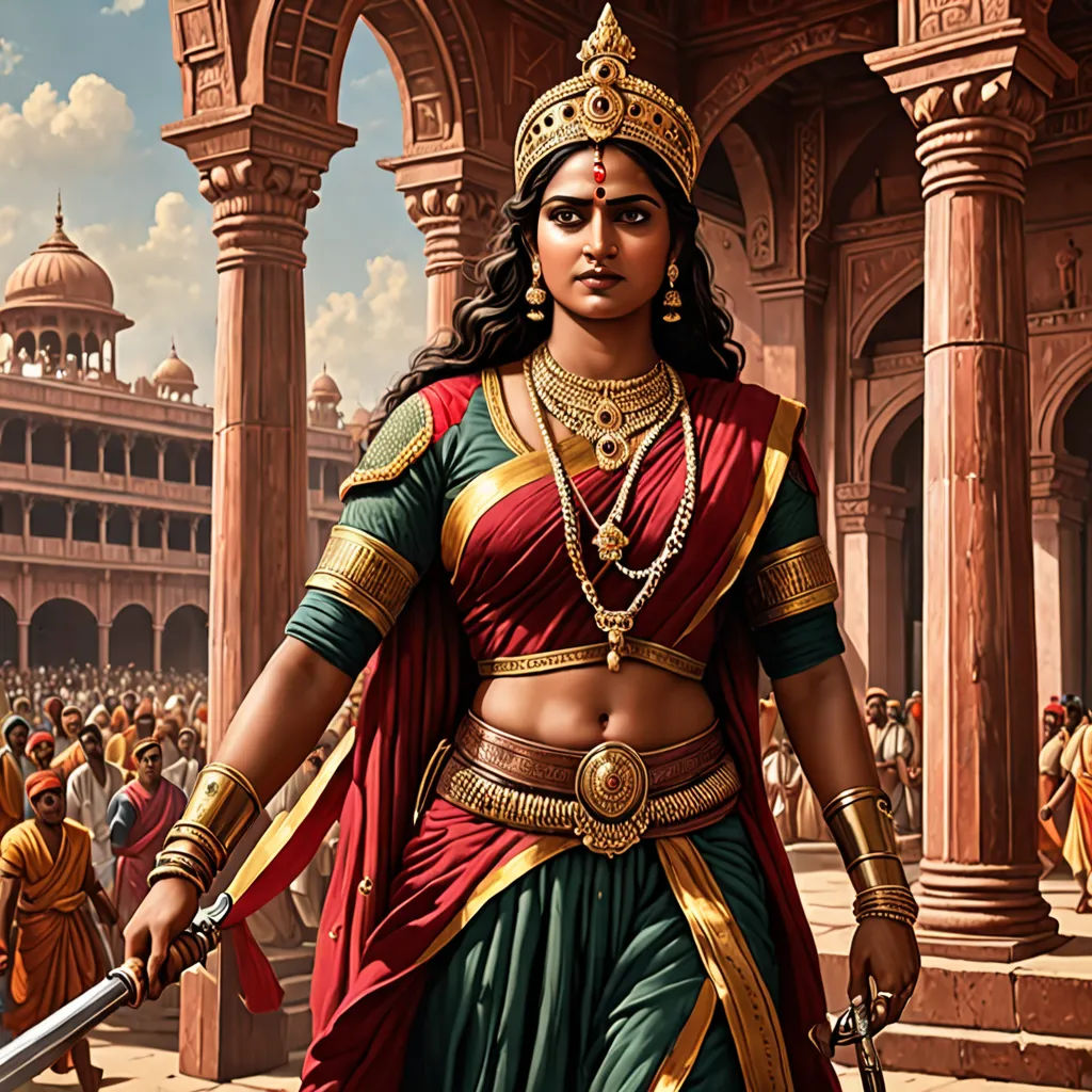 a painting of a woman in a costume holding a sword and a sword in her hand while standing in front of a crowd, feminist art, a detailed matte painting, Bholekar Srihari, highly detailed digital painting