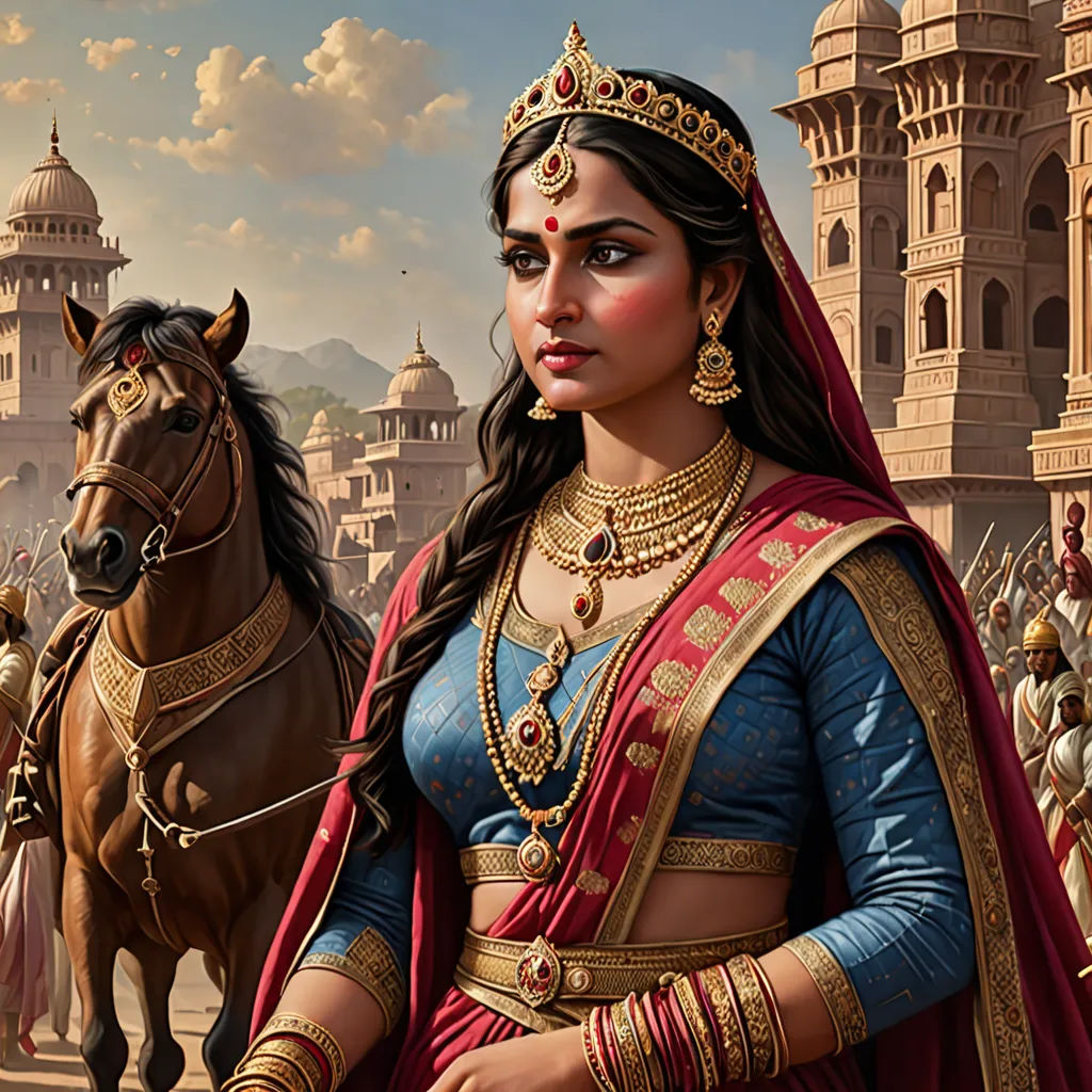 a woman in a red and blue outfit standing next to a horse in front of a castle with a man on horseback, fantasy art, a detailed painting, Anthony Devas, highly detailed digital painting