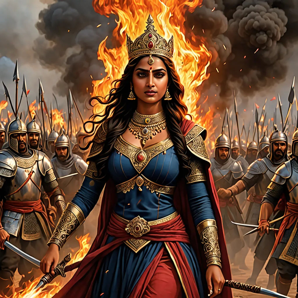 a woman in a blue dress standing in front of a group of men in armor and holding swords in front of a fire, samikshavad, a detailed painting, Donato Giancola, magic the gathering artwork