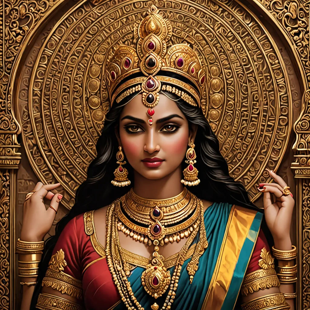 a woman in a golden outfit with a gold necklace and a necklace on her neck and a gold necklace on her neck, bengal school of art, a detailed painting, Ella Guru, highly detailed digital painting