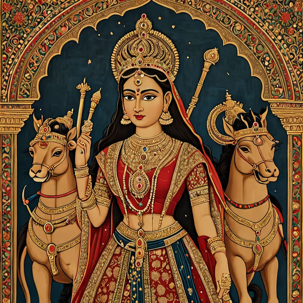 a painting of a woman in a red and gold outfit with two horses in front of her, with a blue background, samikshavad, a detailed painting, Ella Guru, detailed painting