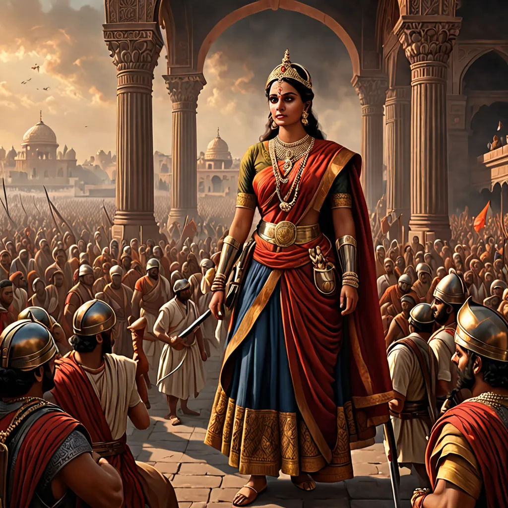 a painting of a woman in a roman costume surrounded by men in armor and holding swords in front of a crowd of people, feminist art, a detailed painting, Bholekar Srihari, official art