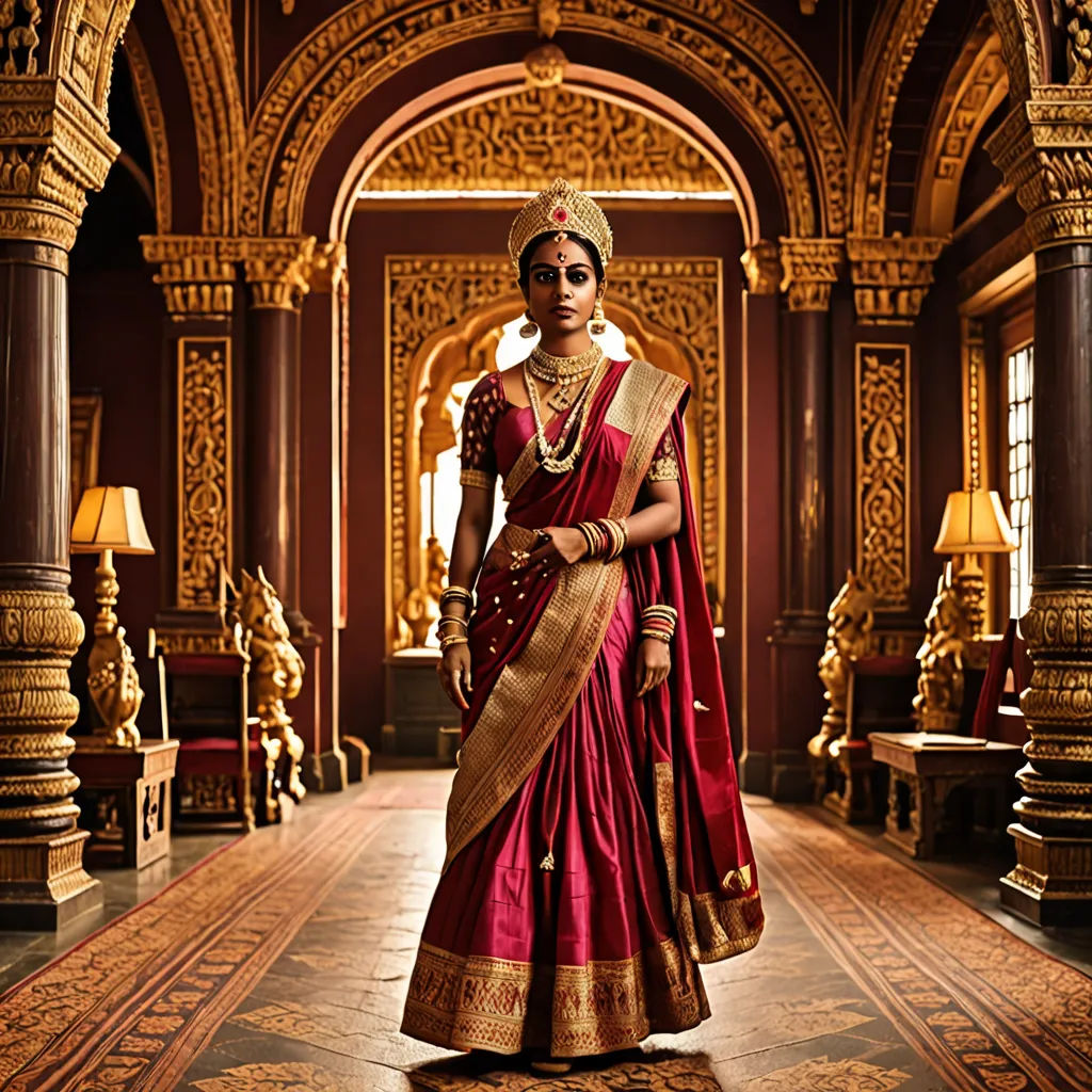 a woman in a red and gold sari and a gold necklace and headpiece is standing in a hall, samikshavad, a detailed matte painting, Ella Guru, promotional image