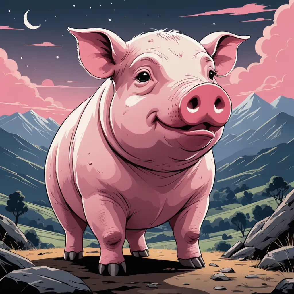 a pig standing on a dirt road in front of mountains and a pink sky with stars and clouds above, sots art, a storybook illustration, Dan Mumford, josan gonzales and dan mumford