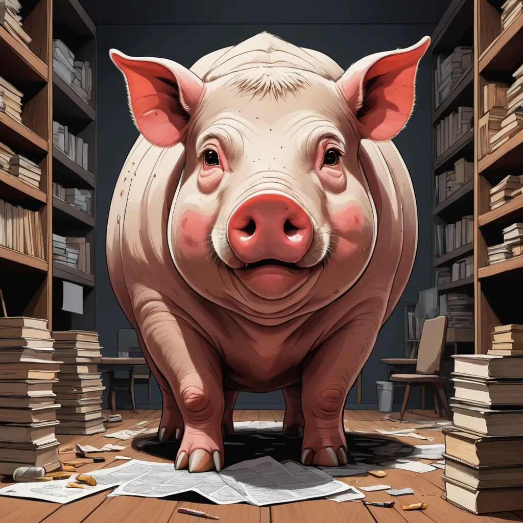 a pig is standing in a library with books on the floor and a pile of books on the floor, new objectivity, a storybook illustration, David Young Cameron, storybook illustration