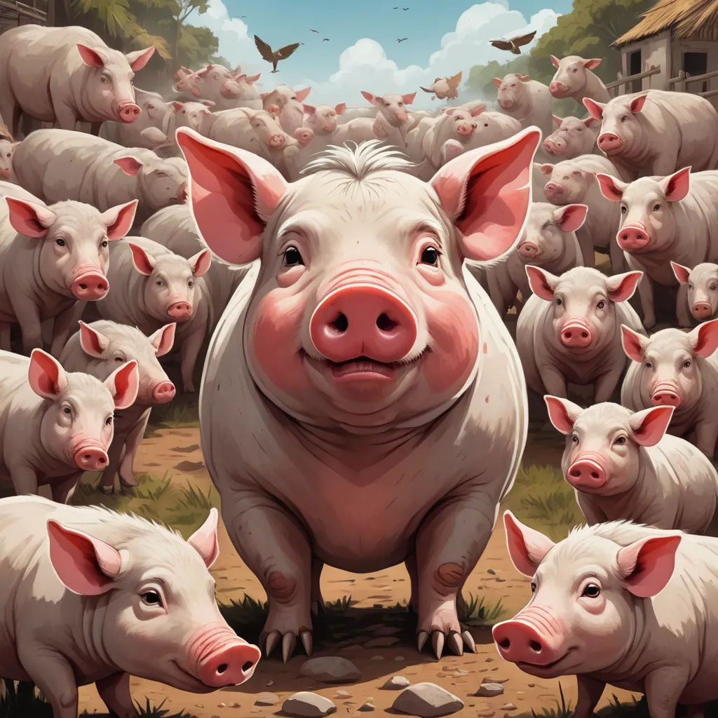 a pig standing in a field with a bunch of pigs in front of it and a bird flying over it, fantastic realism, a storybook illustration, David Young Cameron, highly detailed digital painting