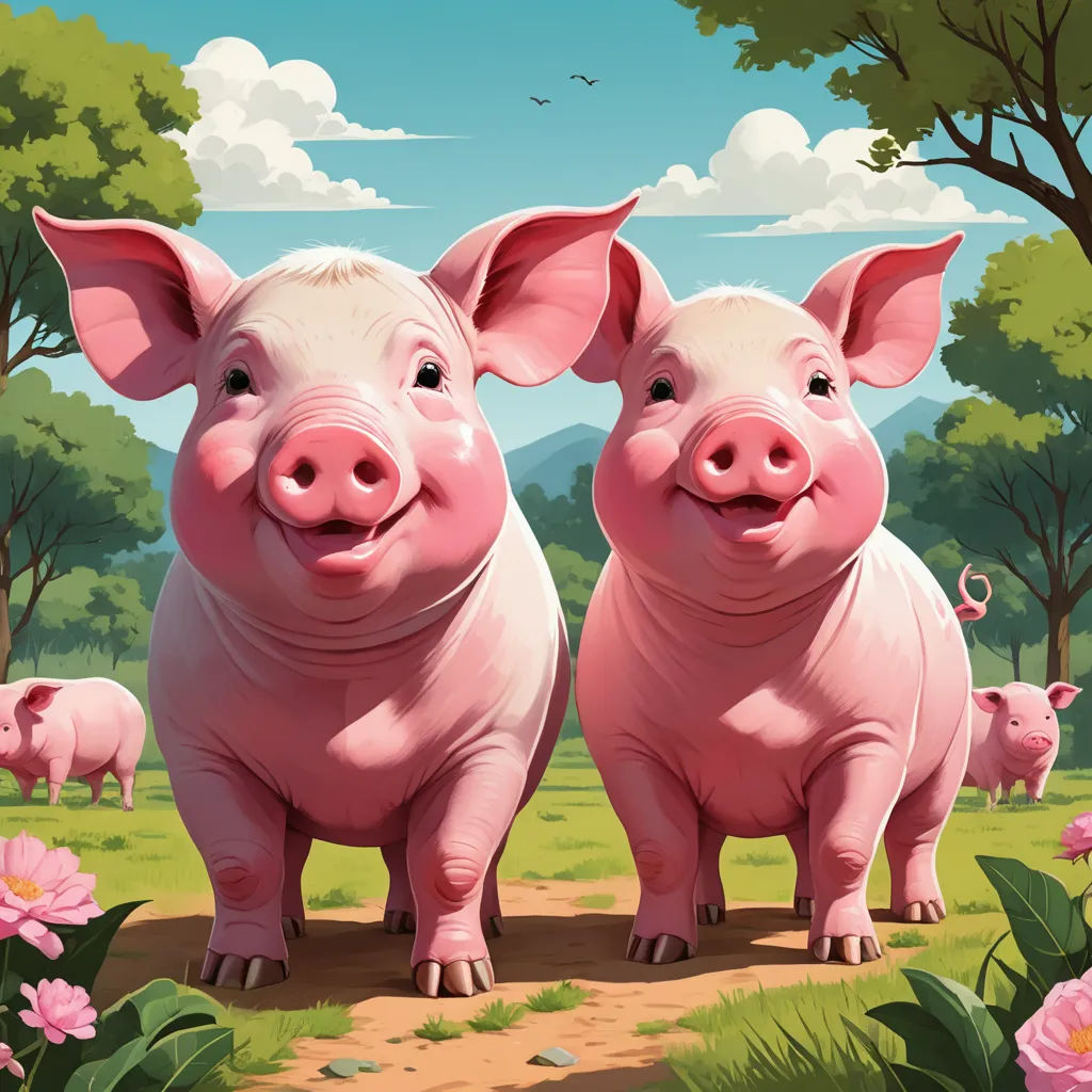 two pigs standing in a field with flowers and trees in the background, with a sky background and clouds, sots art, a storybook illustration, Chris LaBrooy, josan gonzales and dan mumford