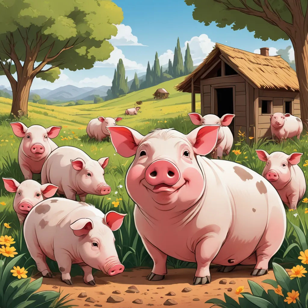 a pig family in a field with a small house in the background and a few pigs in the foreground, synthetism, a storybook illustration, Andries Stock, storybook illustration